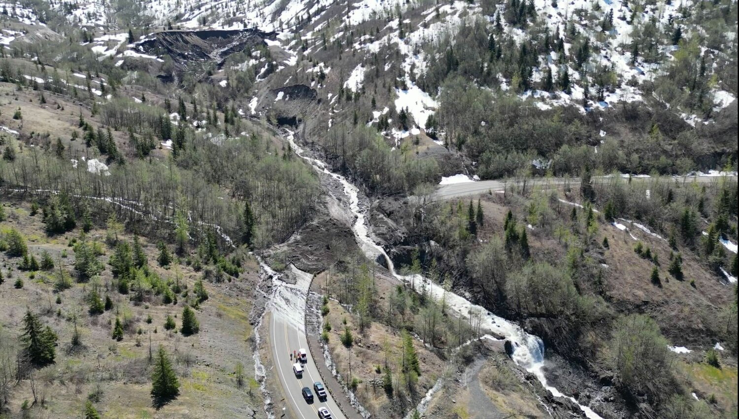 The debris slide on the Spirit Lake Highway about 2 miles from Johnston Ridge is pictured from above on Monday morning.